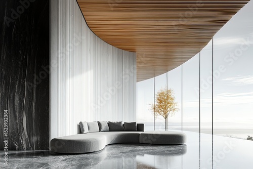 House interior design with white and gray polished terrazzo floor, curved wooden color ceiling elements, a gray sofa in the center of the room.
