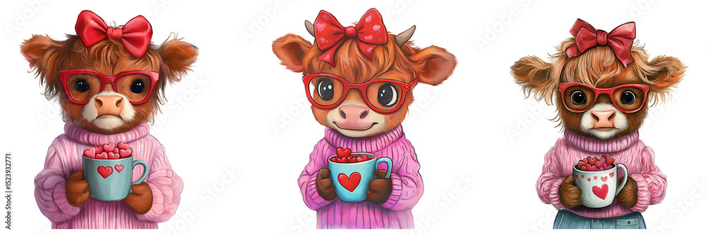 Obraz premium Set of various cow in pink sweater with bow on head, watercolor isolated on transparent background