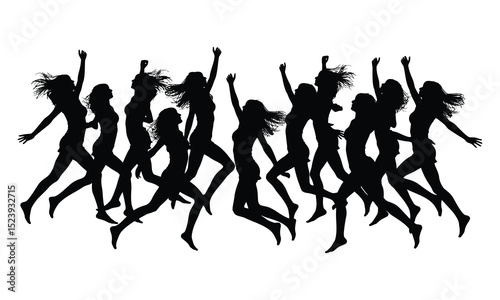Silhouette of happy young women jumping and dancing