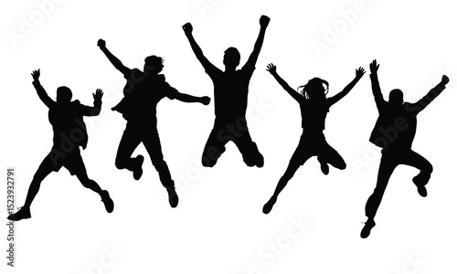 Silhouettes of four people joyfully jumping in the air