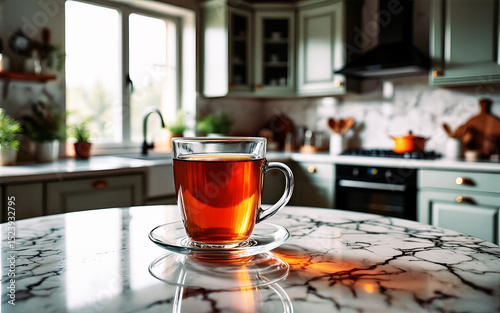 tazza in vetro con tisana su un piano tavolo in marmo chiaro con venature, sullo sfondo un interno cucina in stile classico