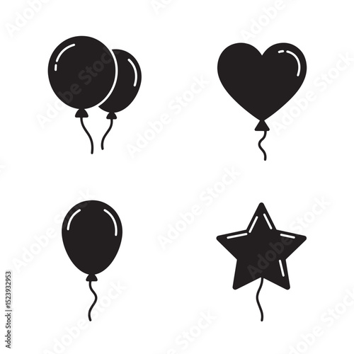 Set of minimalist black silhouette balloons heart star designs suitable for celebrations and events