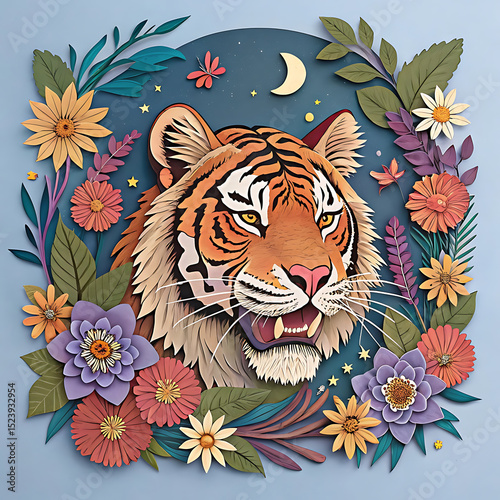 Fantasy Tiger with Floral Embellishments – Botanical Animal Art