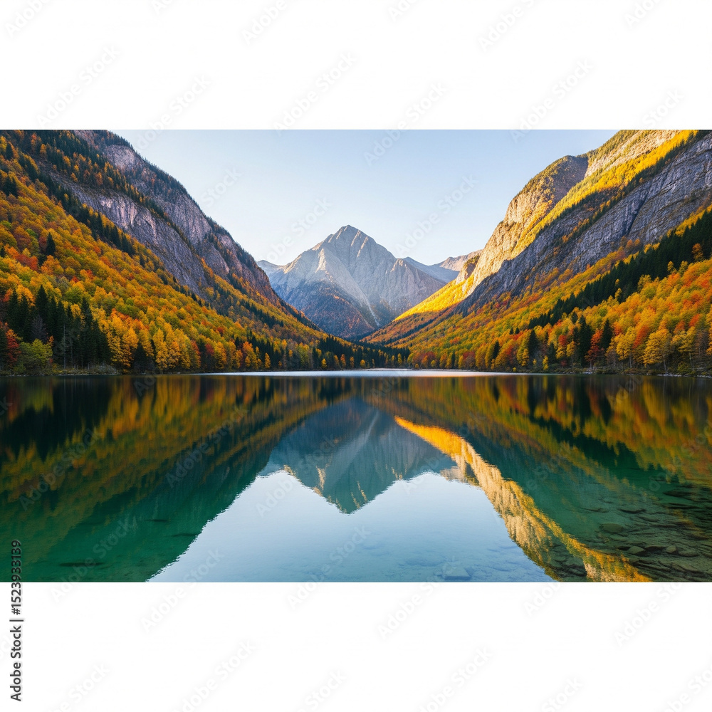 Fototapeta premium Serene mountain landscape with crystal clear lake reflection