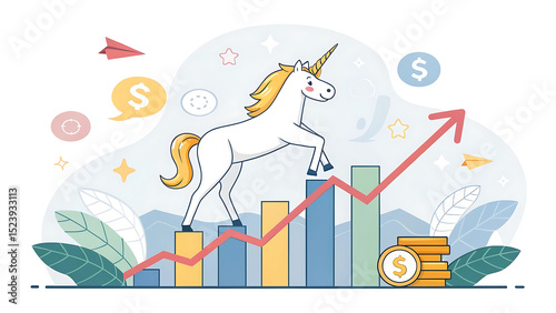 Flat Design Business Unicorn with Growth Graph and Money Icons