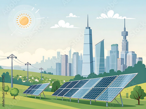 Solar Panels with City Skyline and Sun — Clean Energy Illustration