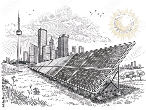 Hand-Drawn Sketch of Solar Panels with City Skyline and Sun