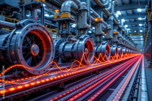 an industrial plant with wireless iot devices on turbines and pumps, real time data flows visualized as neon lines, enhancing energy efficiency and uptime