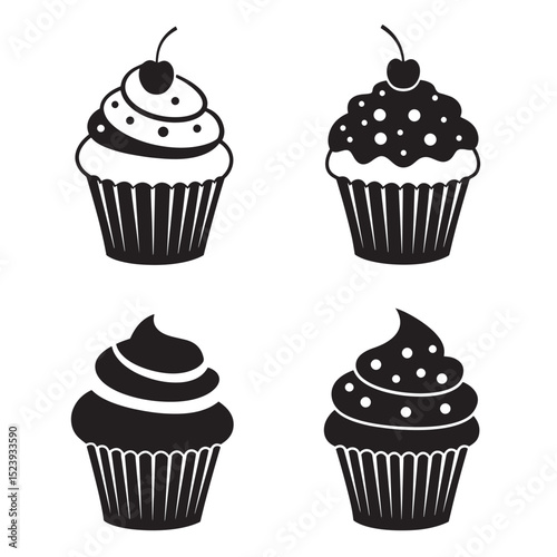 A collection of four simple silhouette cupcake designs with cherry toppings and various frosting styles
