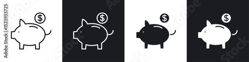 Piggy bank icons collection in black and white filled and line versions