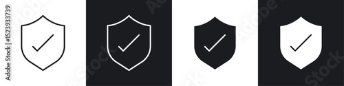 Shield check icons collection in black and white filled and line versions