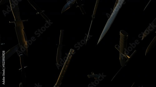 Military Knife Bayonet Fell In Mid Air Alpha is motion footage for commercial films and cinematic in knife scene. Also good background for scene and titles, logos.