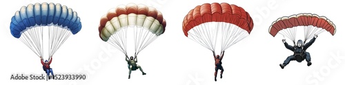 Set of various parachutists isolated on transparent background