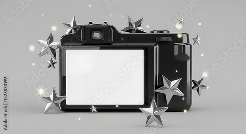 Wallpaper Mural Black camera with blank screen surrounded by silver stars and bokeh lights Torontodigital.ca