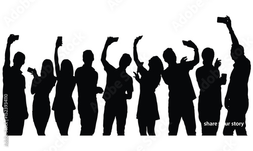 Silhouettes of young people taking selfies with smartphones