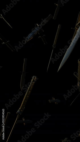 Military Knife Bayonet Fell In Mid Air Alpha is motion footage for commercial films and cinematic in knife scene. Also good background for scene and titles, logos.