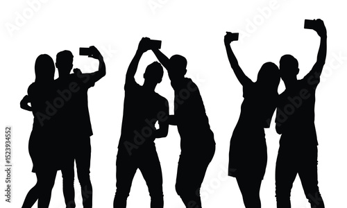 Silhouettes of young couples taking selfies with smartphones