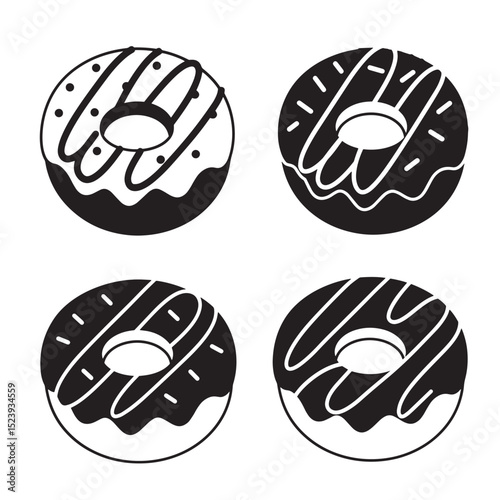 Black and white donut illustrations featuring various icing styles for dessert and bakery themed designs