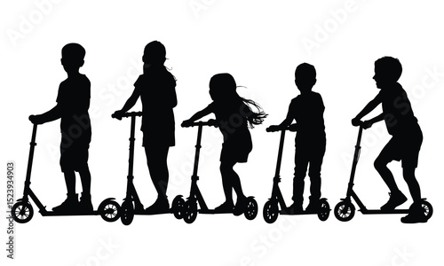Silhouettes of children riding scooters outdoors
