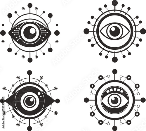 Eyes connected by geometric patterns a modern abstract design, Abstract geometric representation of eyes and interconnected systems silhouette vector illustration symbol