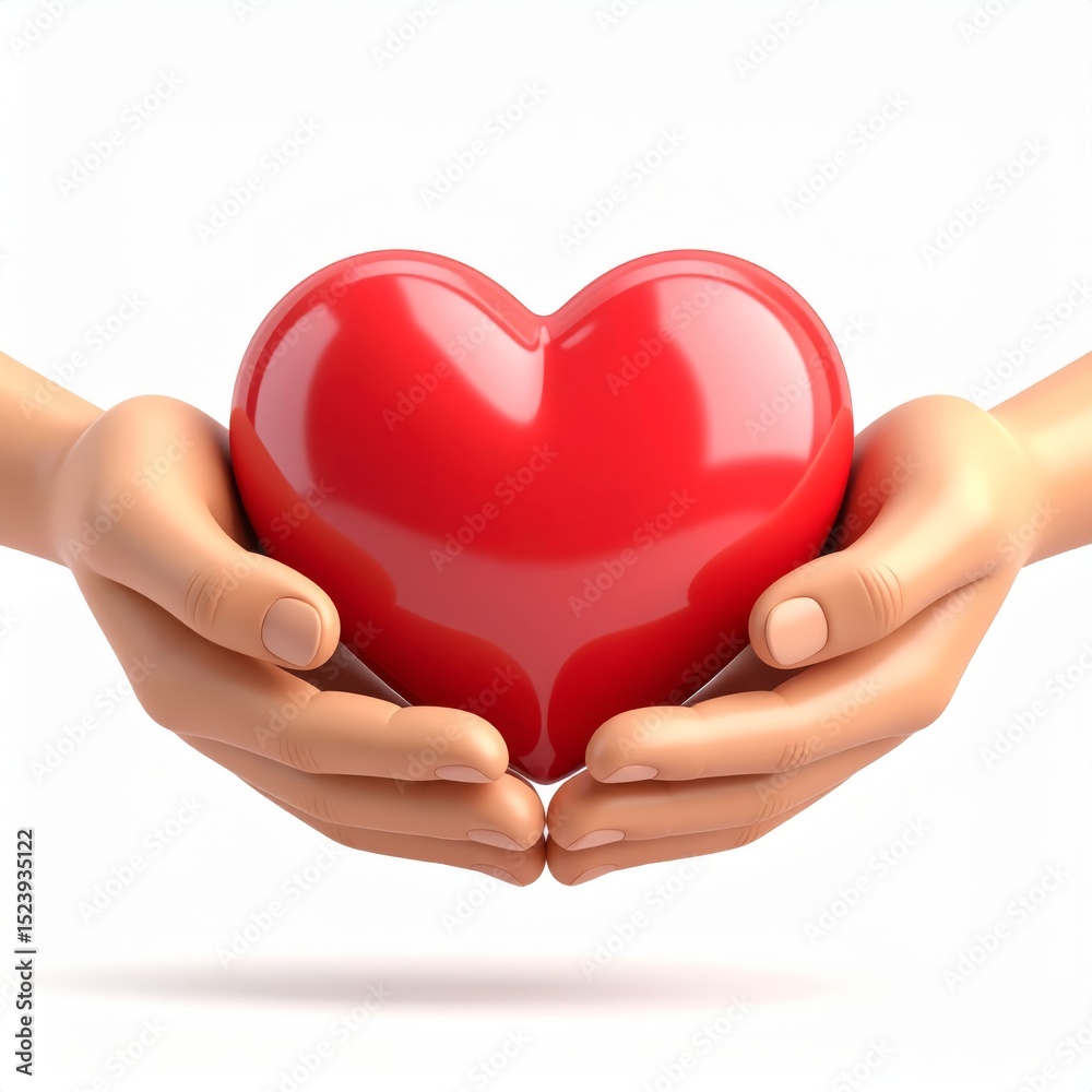 Obraz premium Hands Holding Red Heart Symbol of Care and Love 3d icon in cartoon plastic style minimal isolated on white background, clipping path