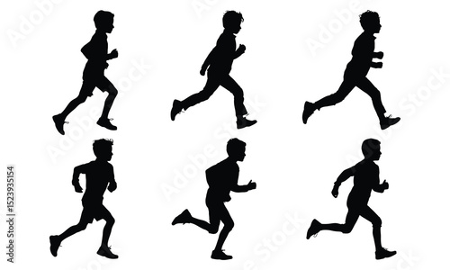 Silhouettes of six boys running in different poses