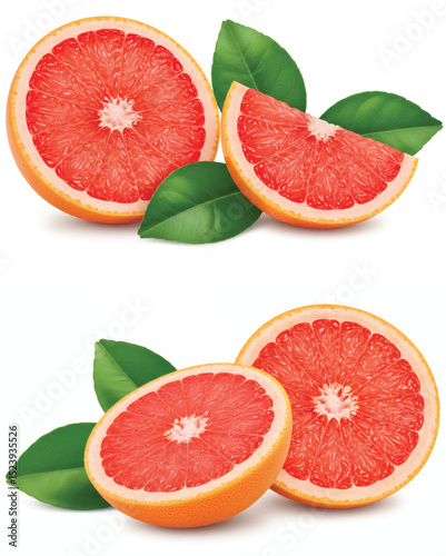 Fresh Pink Grapefruit with Leaves

