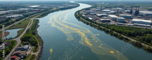 drone shot of a river winding through industrial zone with visible contamination zones, mapping toxic spread downstream from factories