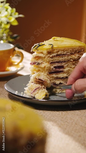 Cutting a piece of cake with the fork close up vertical