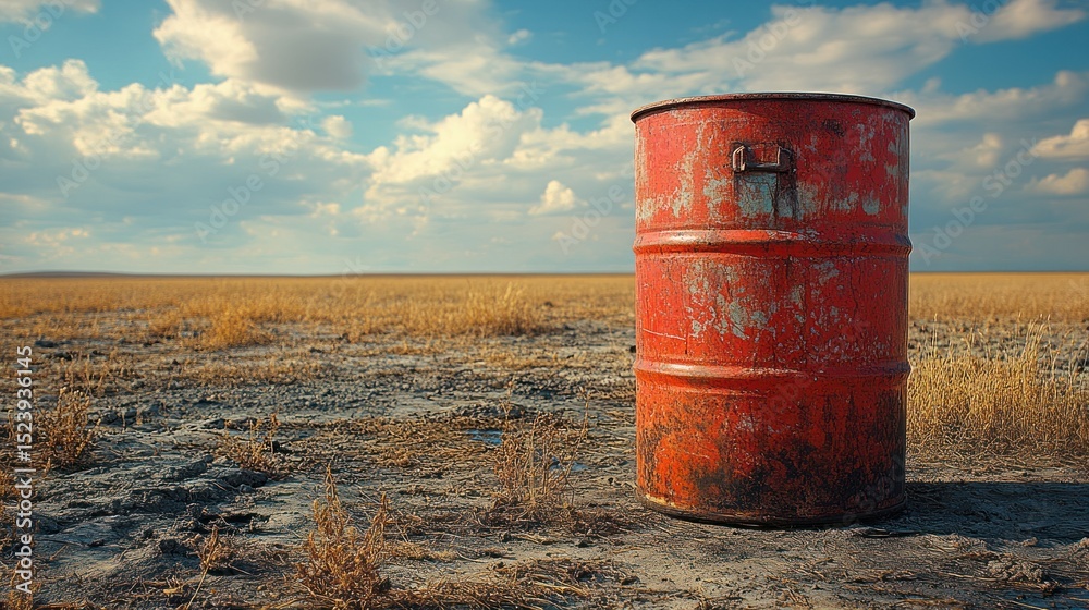 Obraz premium Rusty red barrel in open field