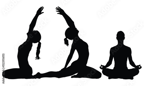 Three women practicing different yoga poses silhouettes