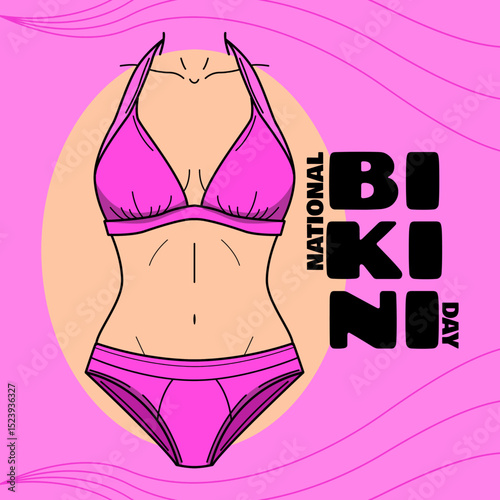 National Bikini Day to celebrate on July 5th. Illustration of bikini clothing usually worn by women while swimming on pink background. Fashion event banner.