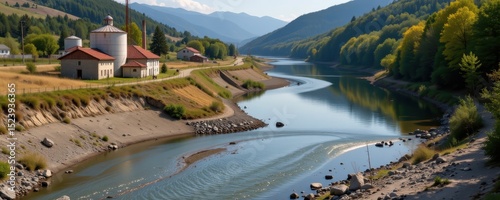 factory wastewater treatment tanks malfunctioning, toxic substances leaking directly into adjacent river, visualizing industrial negligence