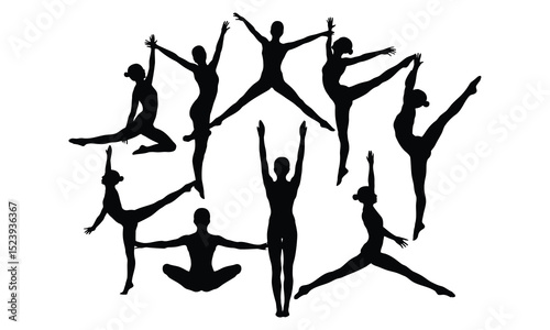 Silhouettes of gymnasts in artistic poses