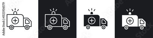 Ambulance icons collection in black and white filled and line versions