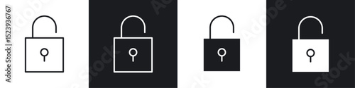 Unlock icons collection in black and white filled and line versions