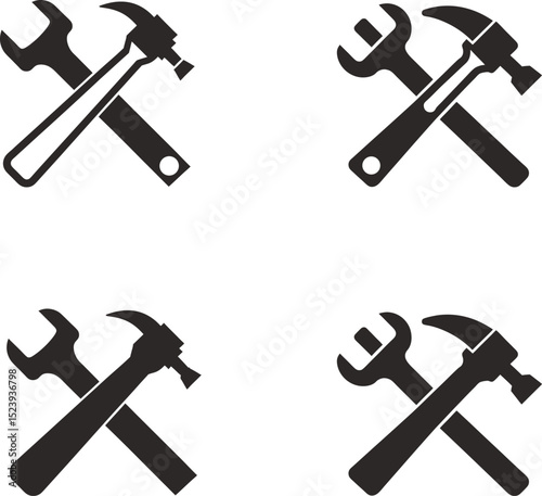 Crossed hammer and wrench signs repair tools maintenance equipment service symbols silhouette vector illustration symbol