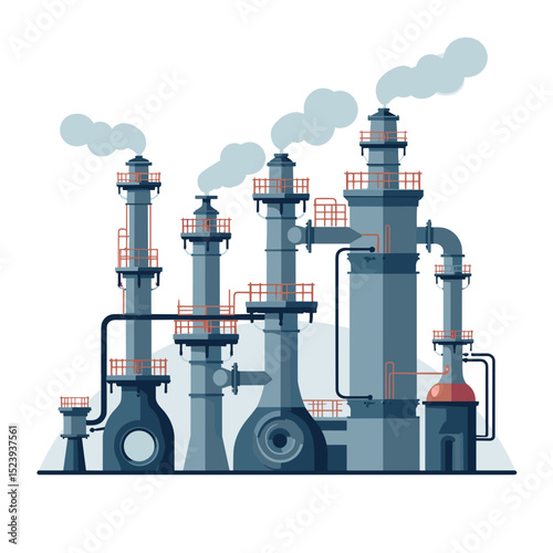 Stylized Illustration of a Large Industrial Oil Refinery with Multiple Towers and Smoke Stacks