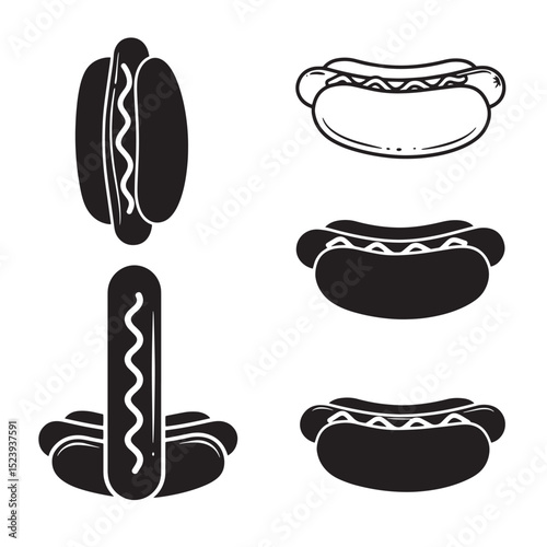 Collection of black and white silhouette hot dog illustrations for design