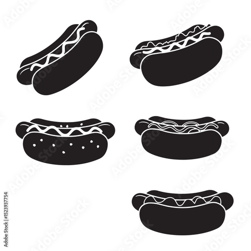 Set of hot dog silhouette illustrations with varying condiment styles for design and branding