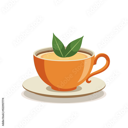 Illustration of a Cup of Tea with Green Leaves on a Saucer, Representing Herbal Beverage and Relaxation
