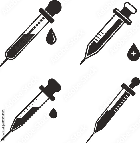 Four pipettes with liquid drops showing measurement markings silhouette vector illustration symbol