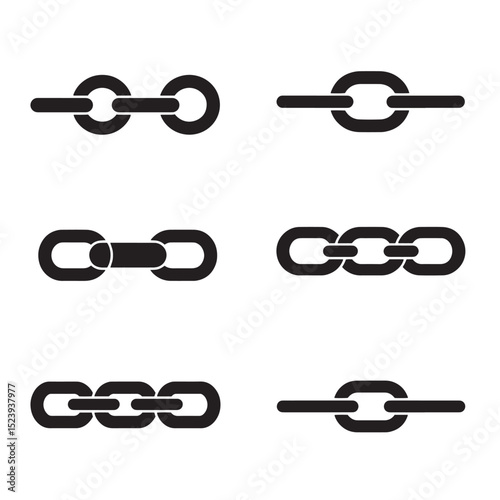 Set of black chain silhouette illustrations representing various chain link designs