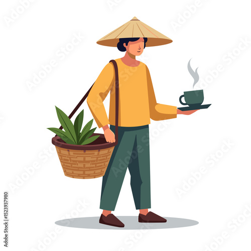 Vietnamese Street Vendor with Conical Hat Serving Hot Coffee and Carrying Plants in a Basket Illustration