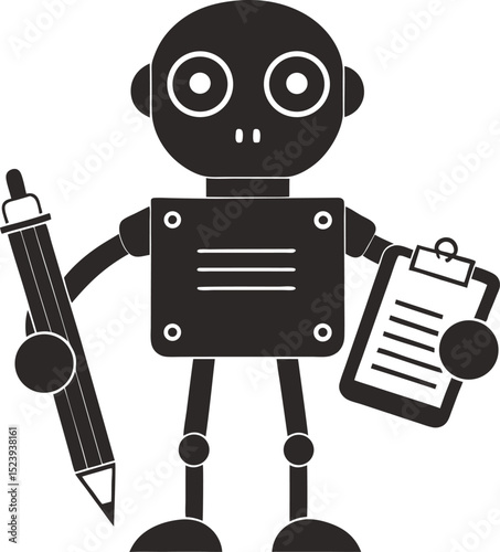 Robot holding pencil and clipboard ready to work silhouette vector illustration symbol