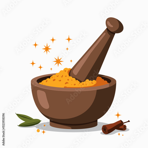 Illustration of a Wooden Mortar and Pestle Grinding Spices with Cinnamon Sticks and Herbs