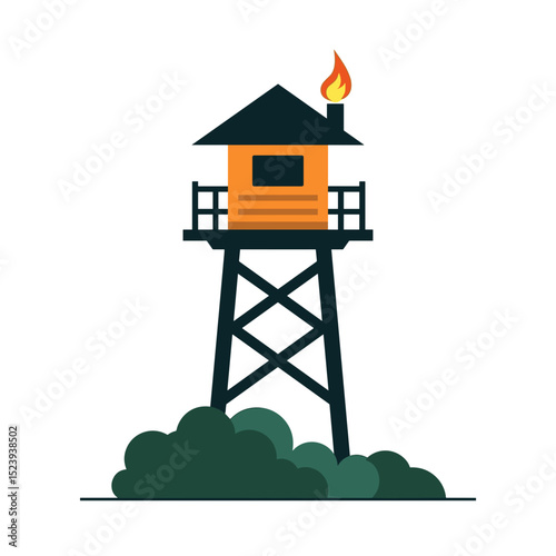 Stylized Illustration of a Fire Lookout Tower with Flame, Simple and Modern Design