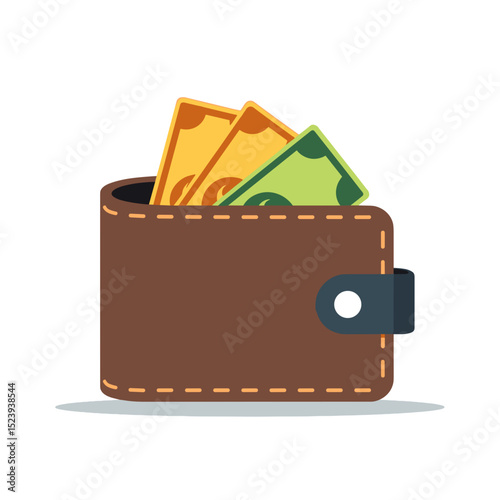 Brown Leather Wallet with Paper Money, Financial Wealth and Savings Concept Illustration