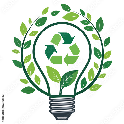 Green energy logo. Save energy symbol. Energy icon with green leaf. Incandescent electric light bulb with green leaves, symbol of clean energy, vector illustration isolated with white background.
