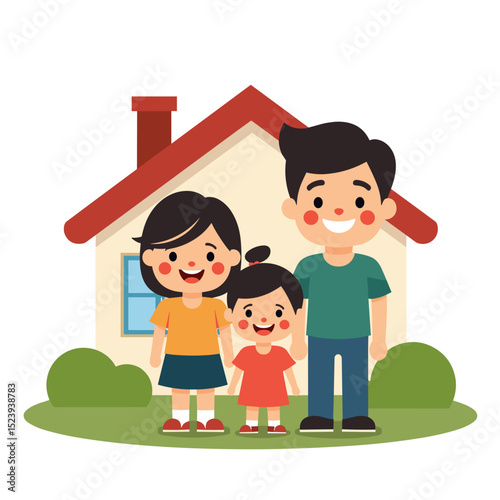 Happy Cartoon Family Standing in Front of Their House, Illustration of Family Life and Home Ownership